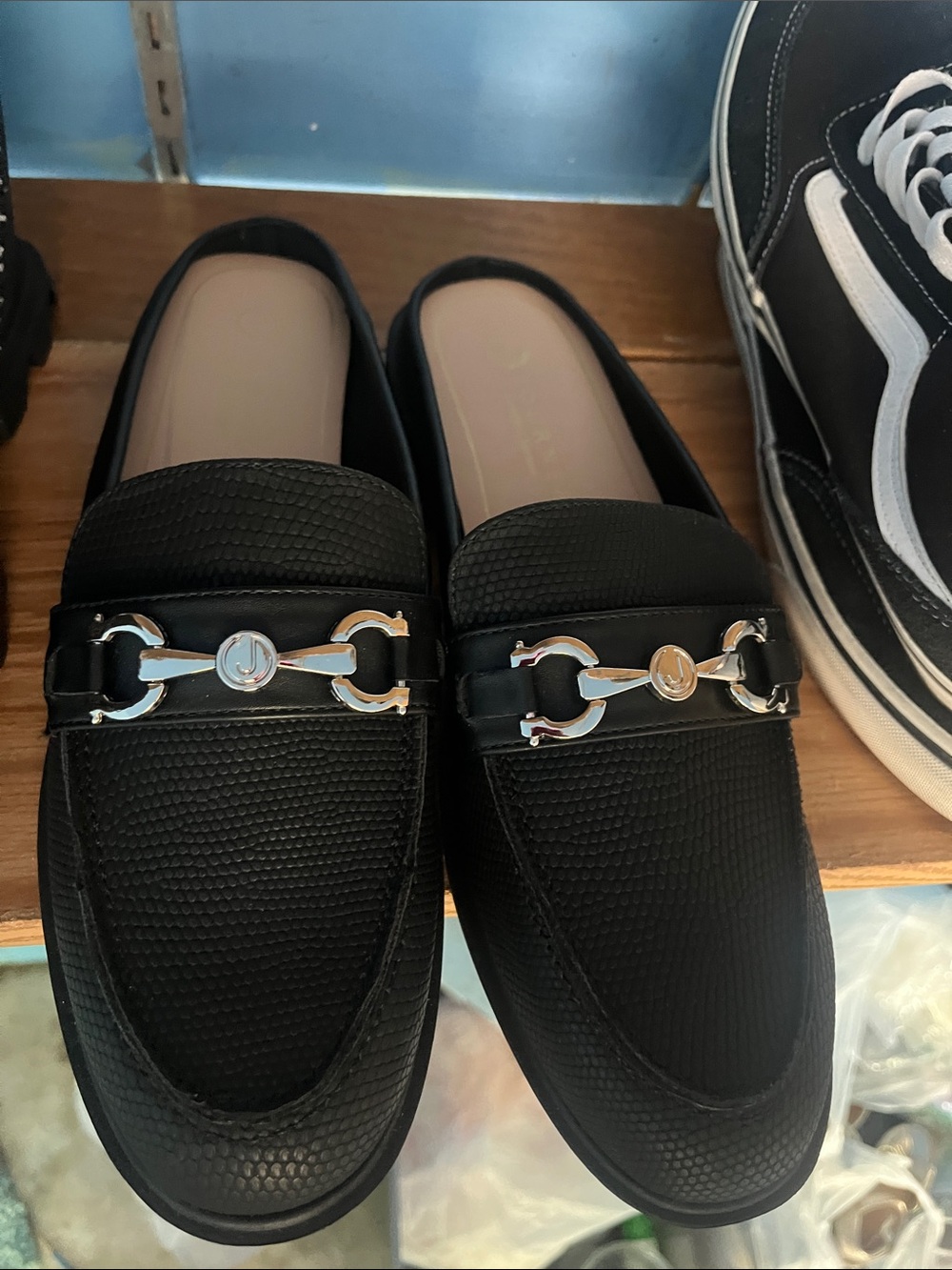 Black Slip-On Loafers with Silver Bit Accent